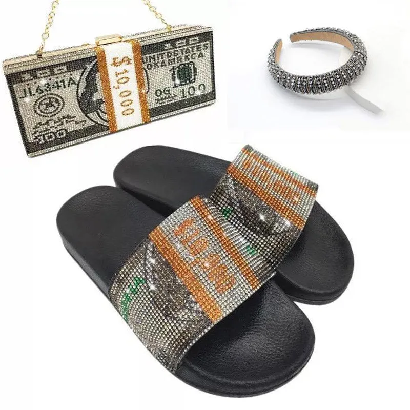 Sequins Rhinestone Money Print Slippers & Clutch Bags & Hair Bands (Sold Separately))