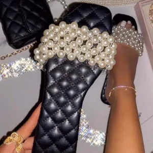 Solid Beaded Transparent Strap Flat Sandals