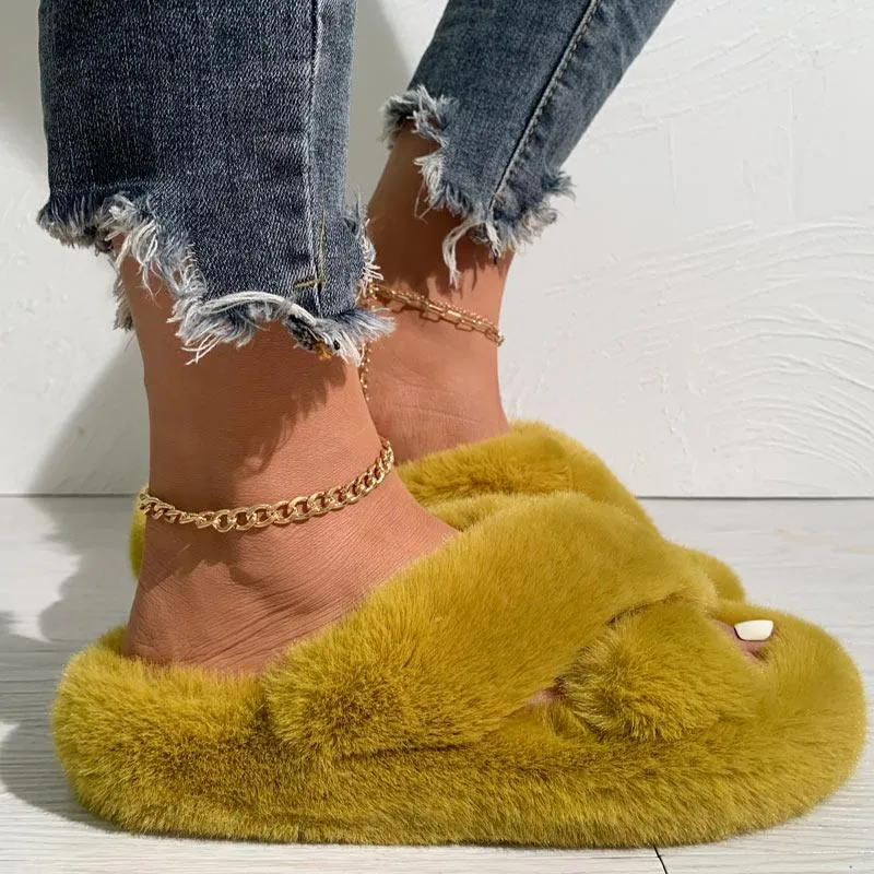 Solid Cross Strap Fluffy Flat Sandals