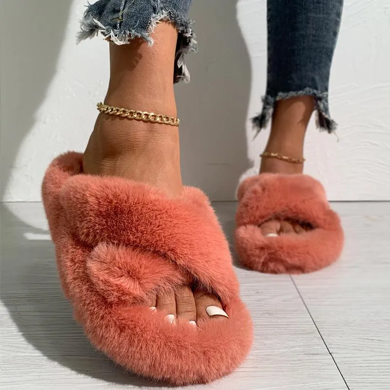 Solid Cross Strap Fluffy Flat Sandals