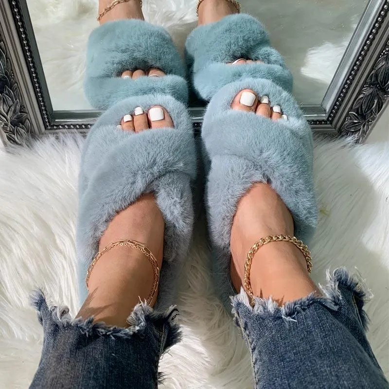 Solid Cross Strap Fluffy Flat Sandals