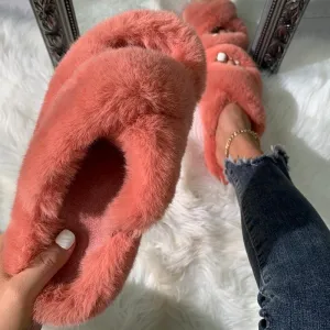 Solid Cross Strap Fluffy Flat Sandals
