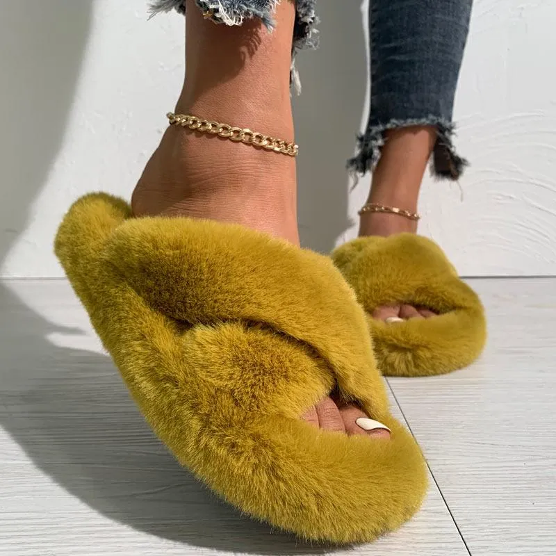 Solid Cross Strap Fluffy Flat Sandals
