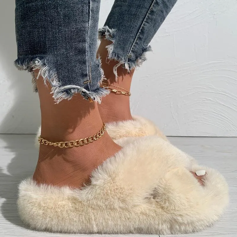 Solid Cross Strap Fluffy Flat Sandals
