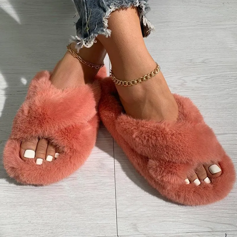 Solid Cross Strap Fluffy Flat Sandals