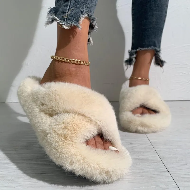 Solid Cross Strap Fluffy Flat Sandals