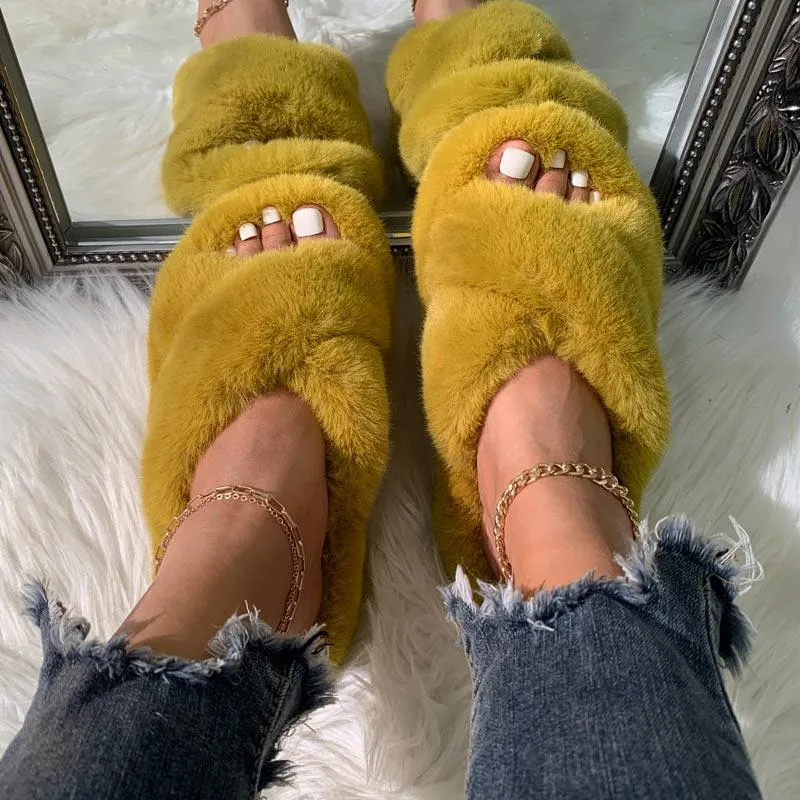 Solid Cross Strap Fluffy Flat Sandals