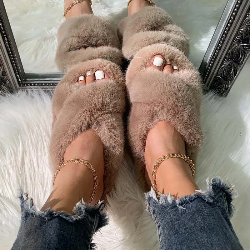 Solid Cross Strap Fluffy Flat Sandals