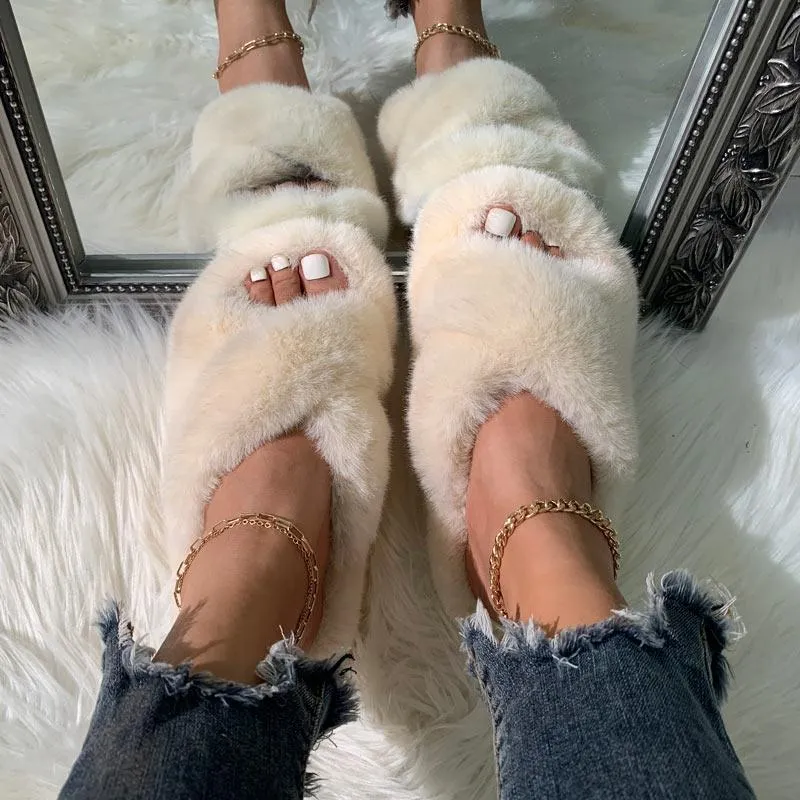 Solid Cross Strap Fluffy Flat Sandals