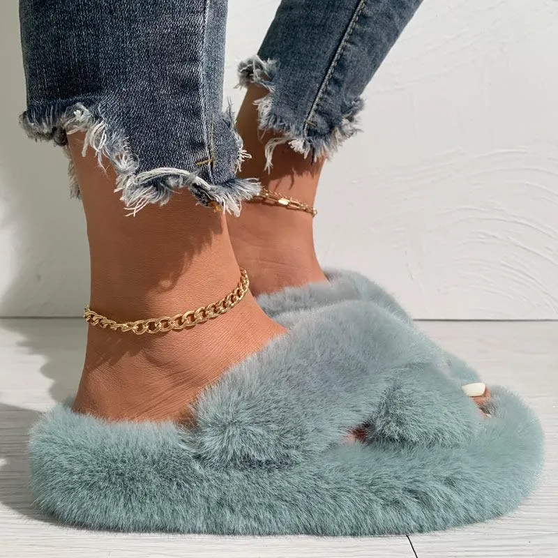 Solid Cross Strap Fluffy Flat Sandals