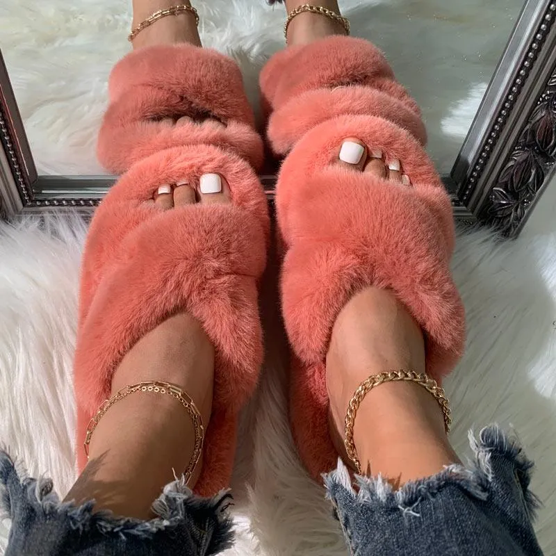 Solid Cross Strap Fluffy Flat Sandals