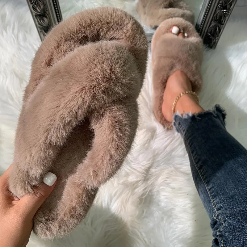 Solid Cross Strap Fluffy Flat Sandals