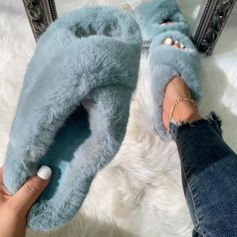 Solid Cross Strap Fluffy Flat Sandals