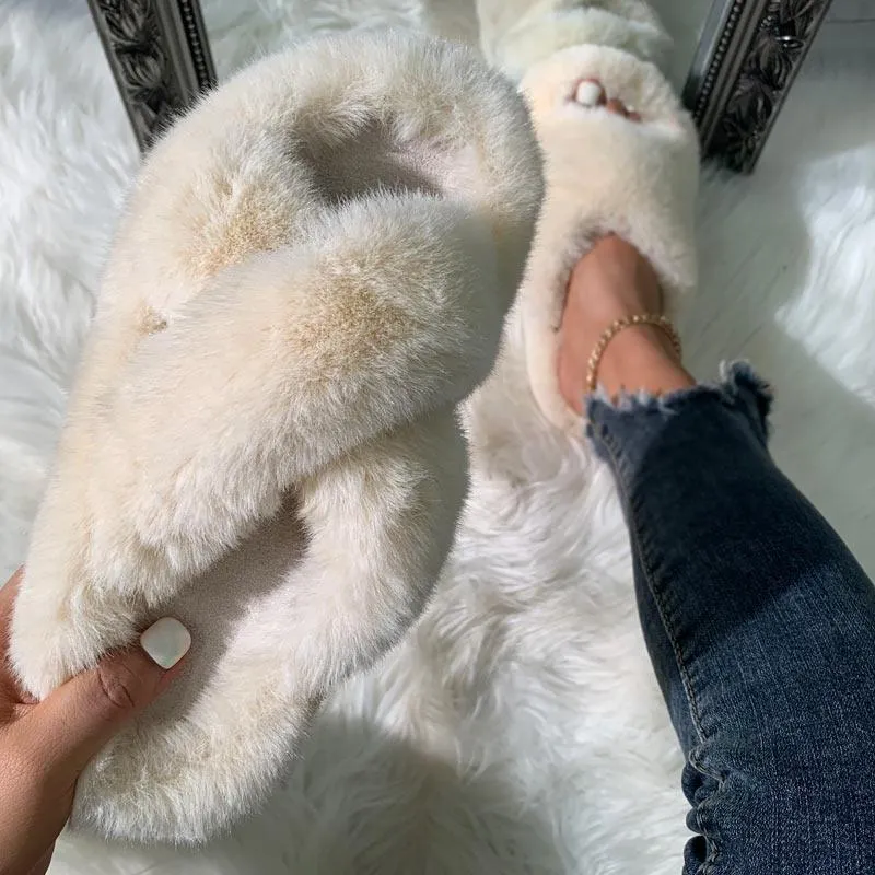 Solid Cross Strap Fluffy Flat Sandals