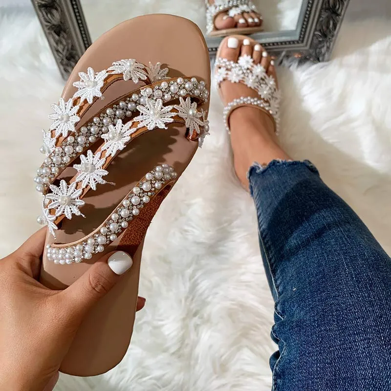 Solid Toe Ring Pearl Slippers