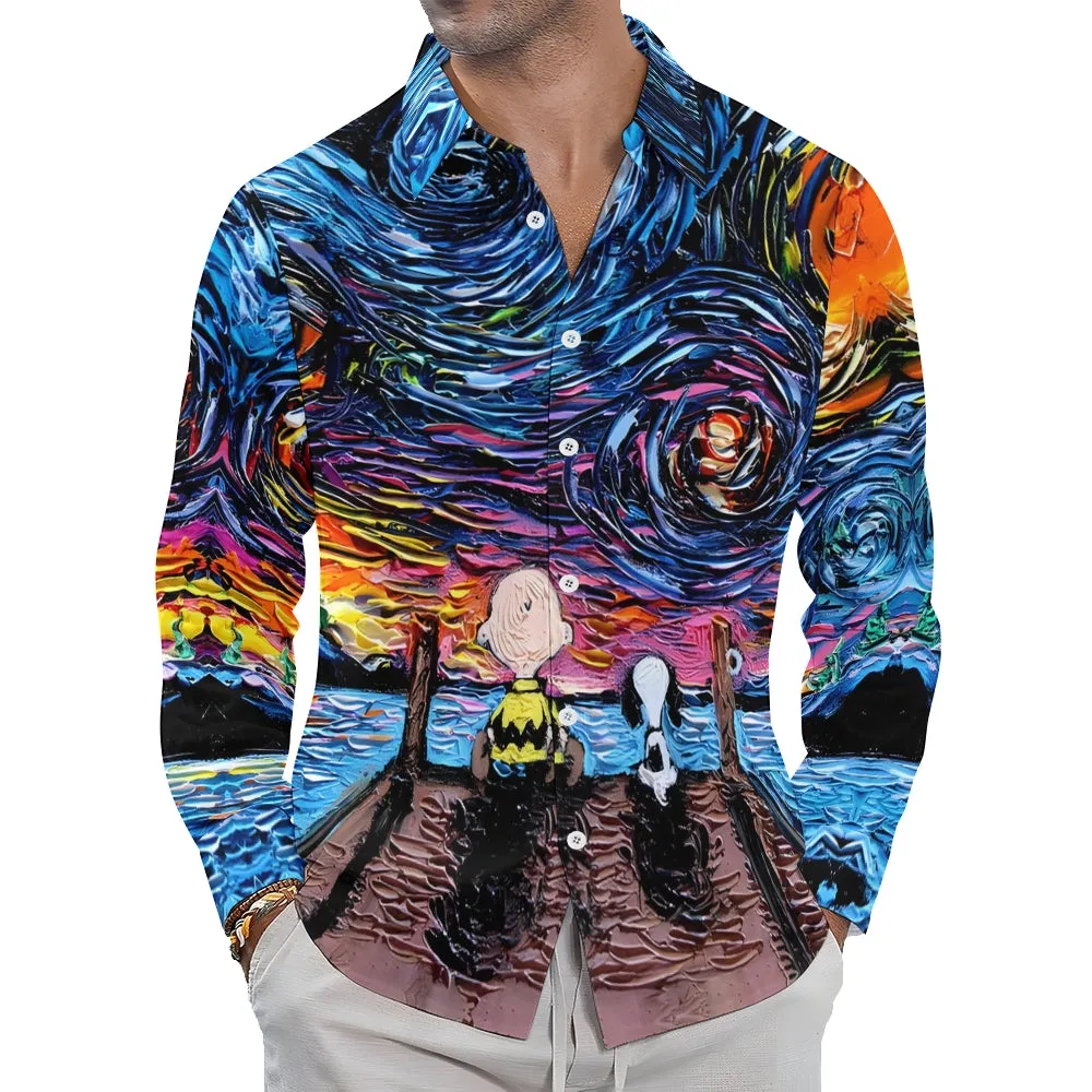 Starry Sky Cartoon Character Casual Printed Long Sleeve Shirt