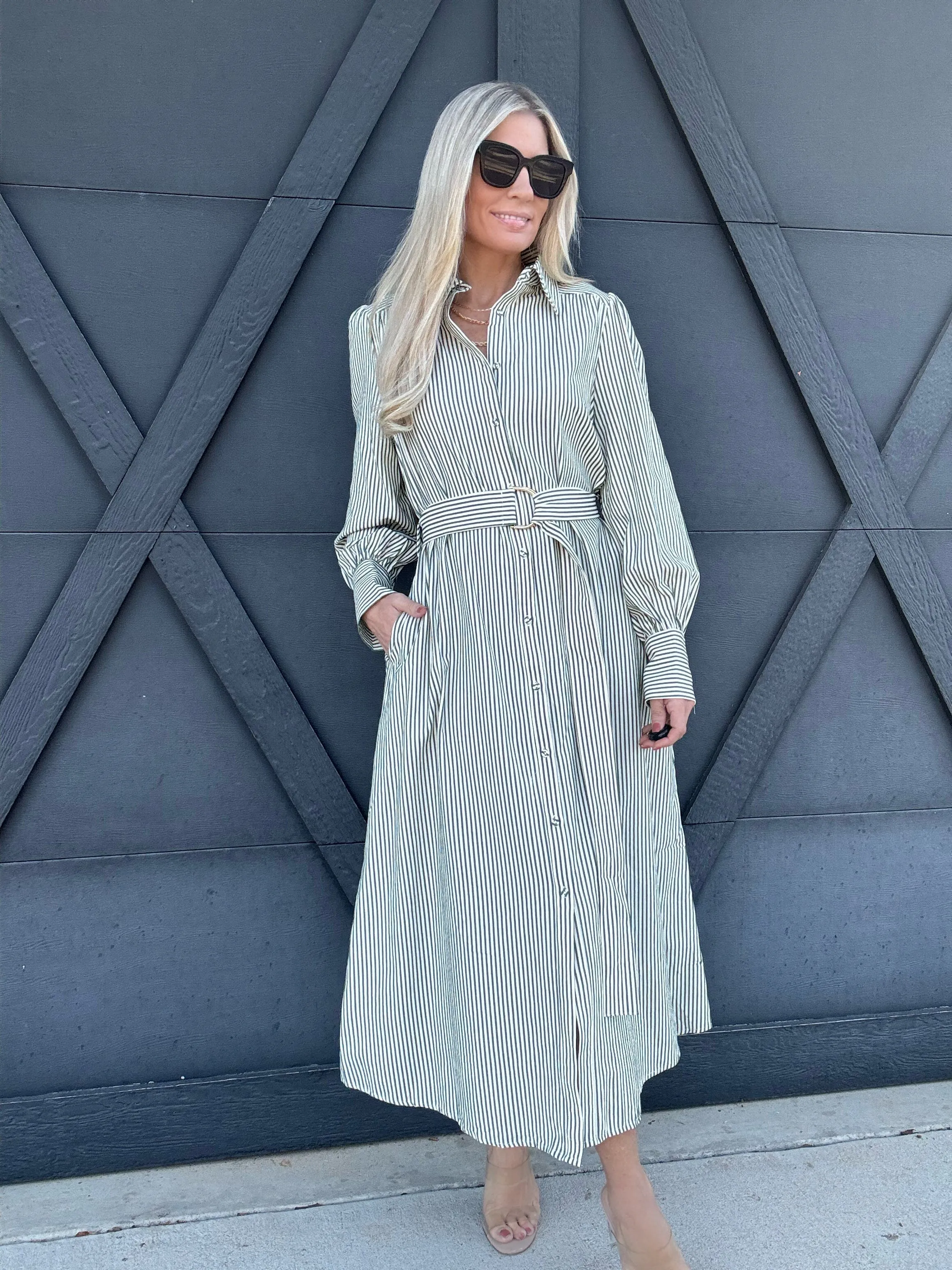 Stripe Long Sleeve Collared Dress In Green
