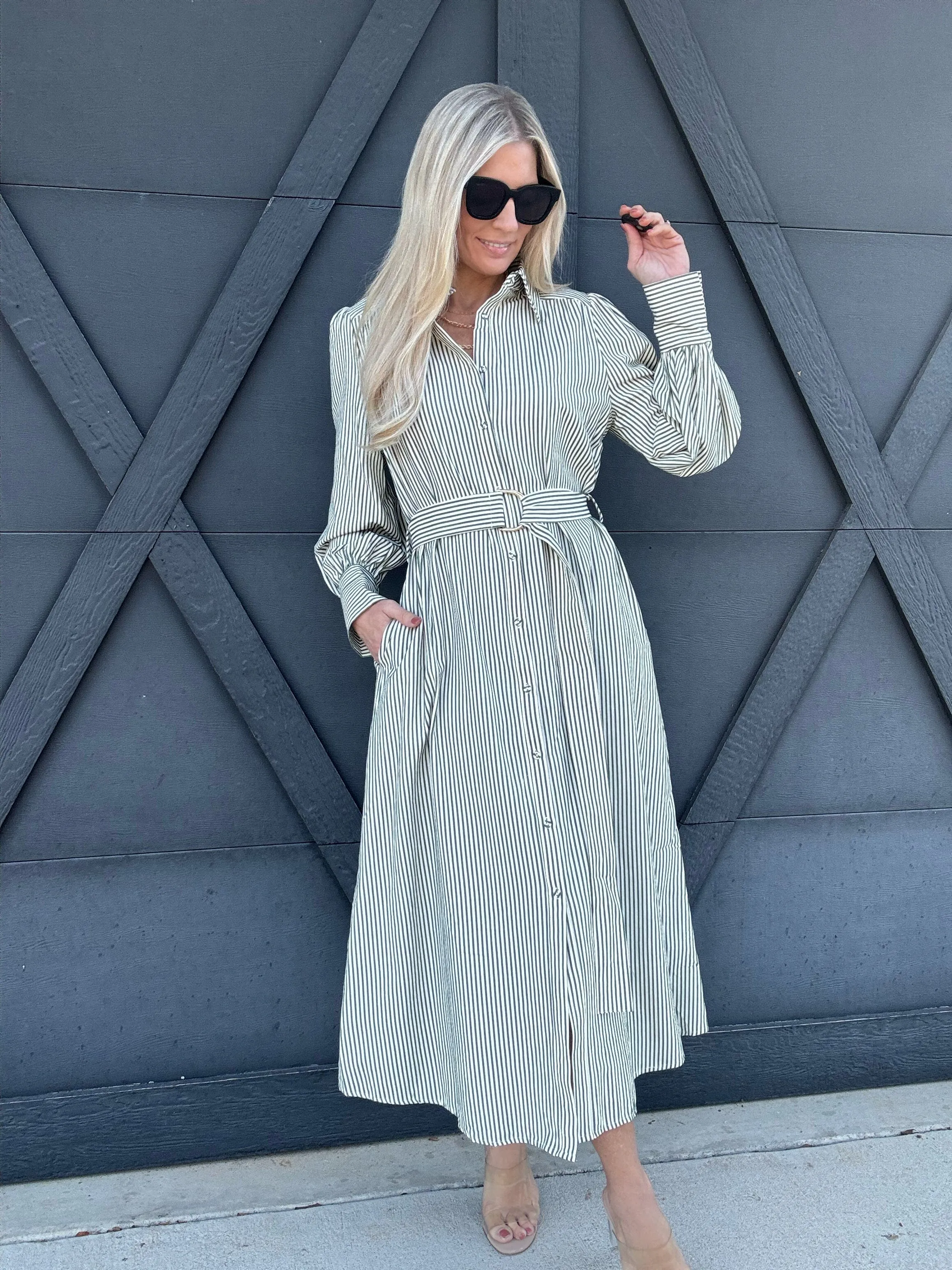 Stripe Long Sleeve Collared Dress In Green