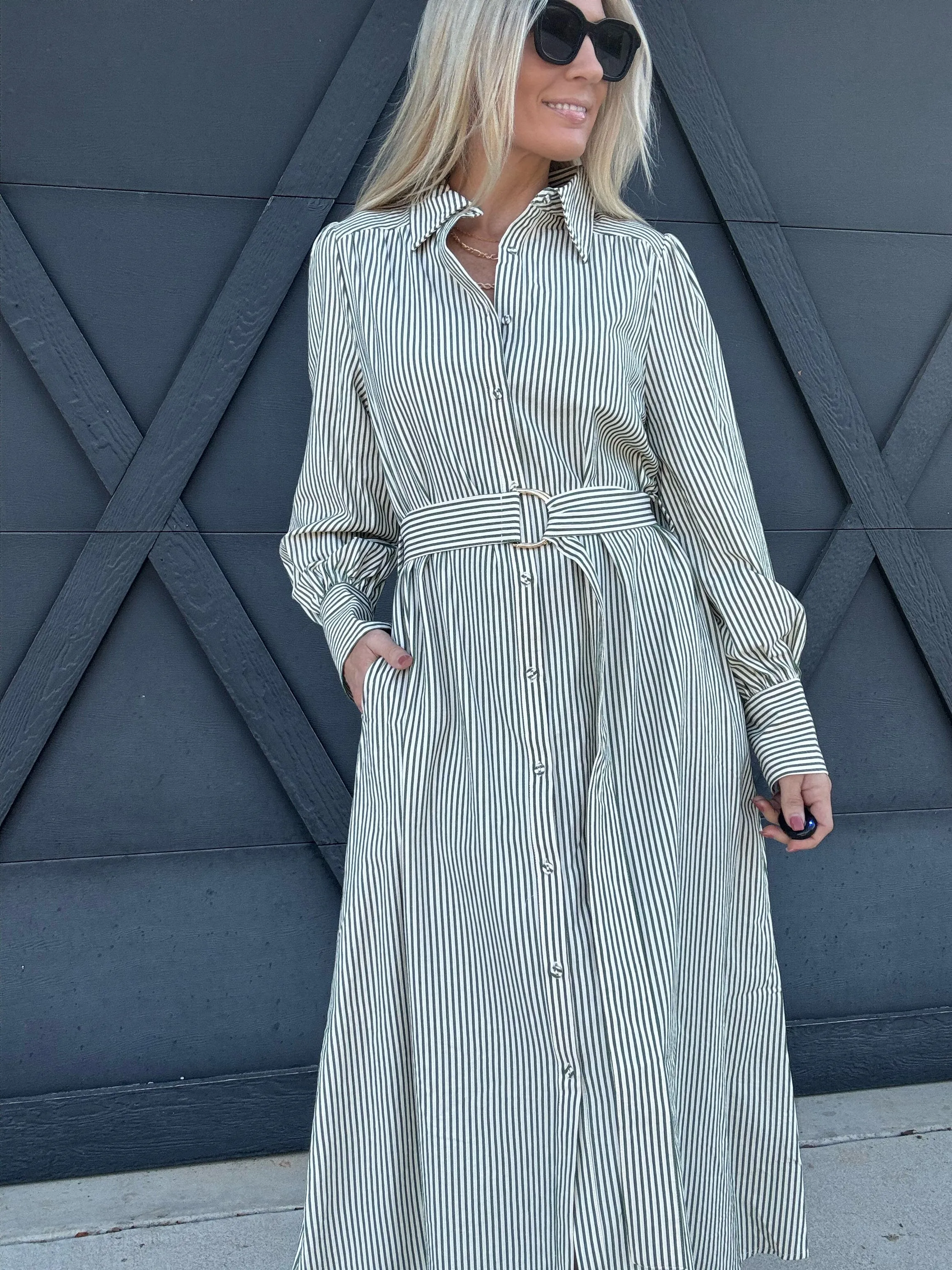 Stripe Long Sleeve Collared Dress In Green