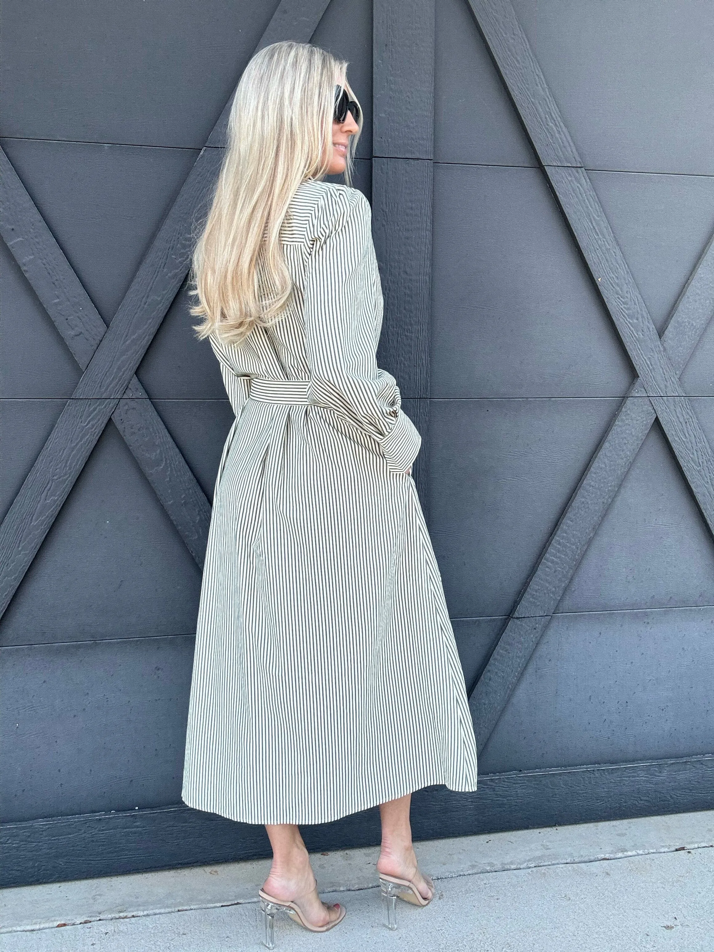 Stripe Long Sleeve Collared Dress In Green