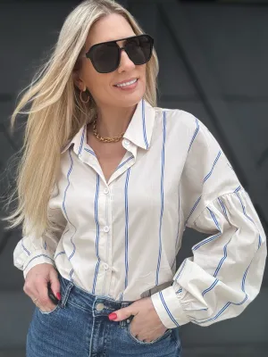 Striped Bubble Sleeve Button Up In Cream