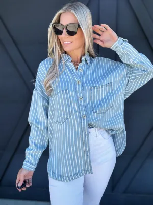 Striped Button Down Shacket In Chambray