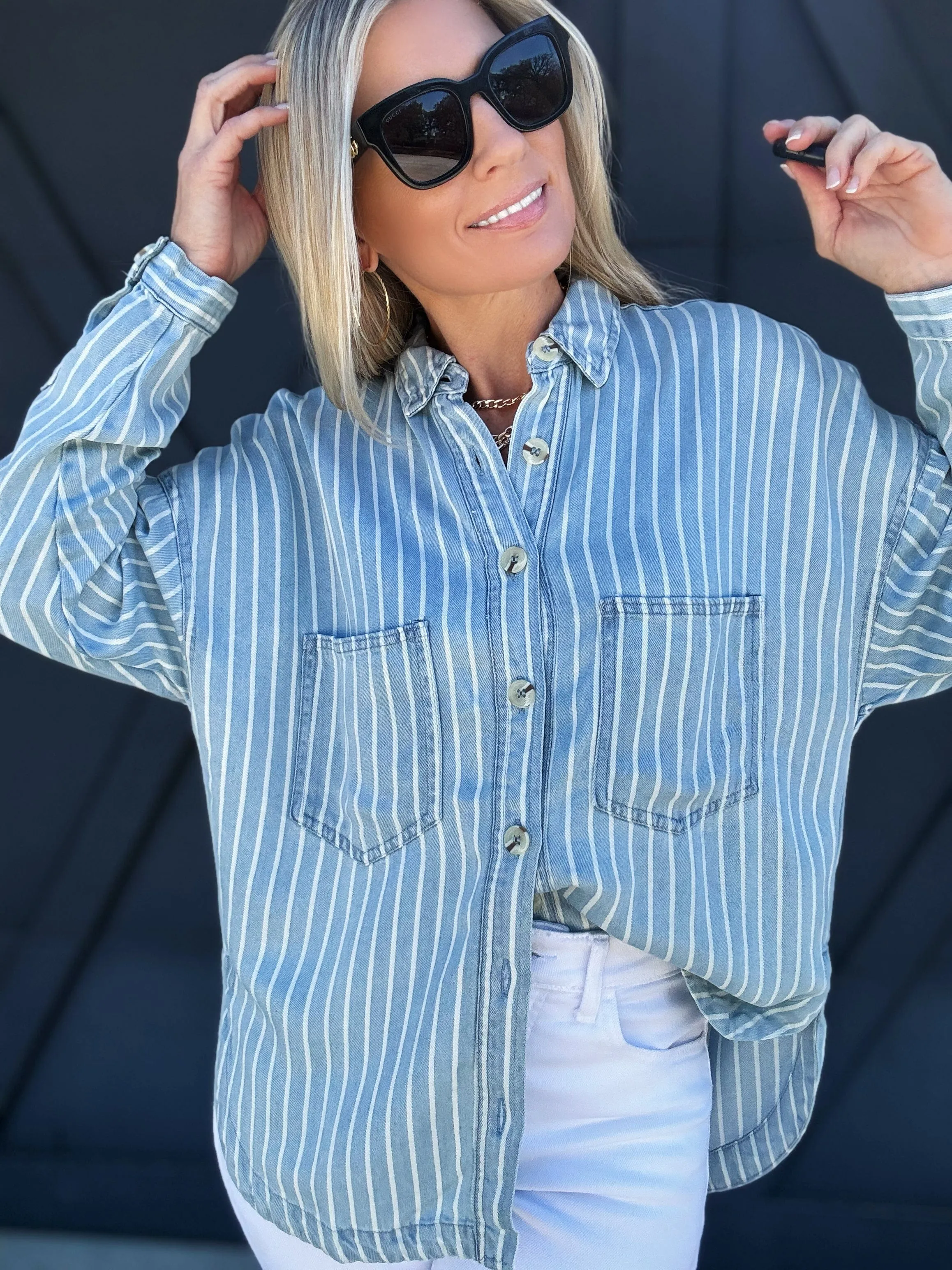 Striped Button Down Shacket In Chambray