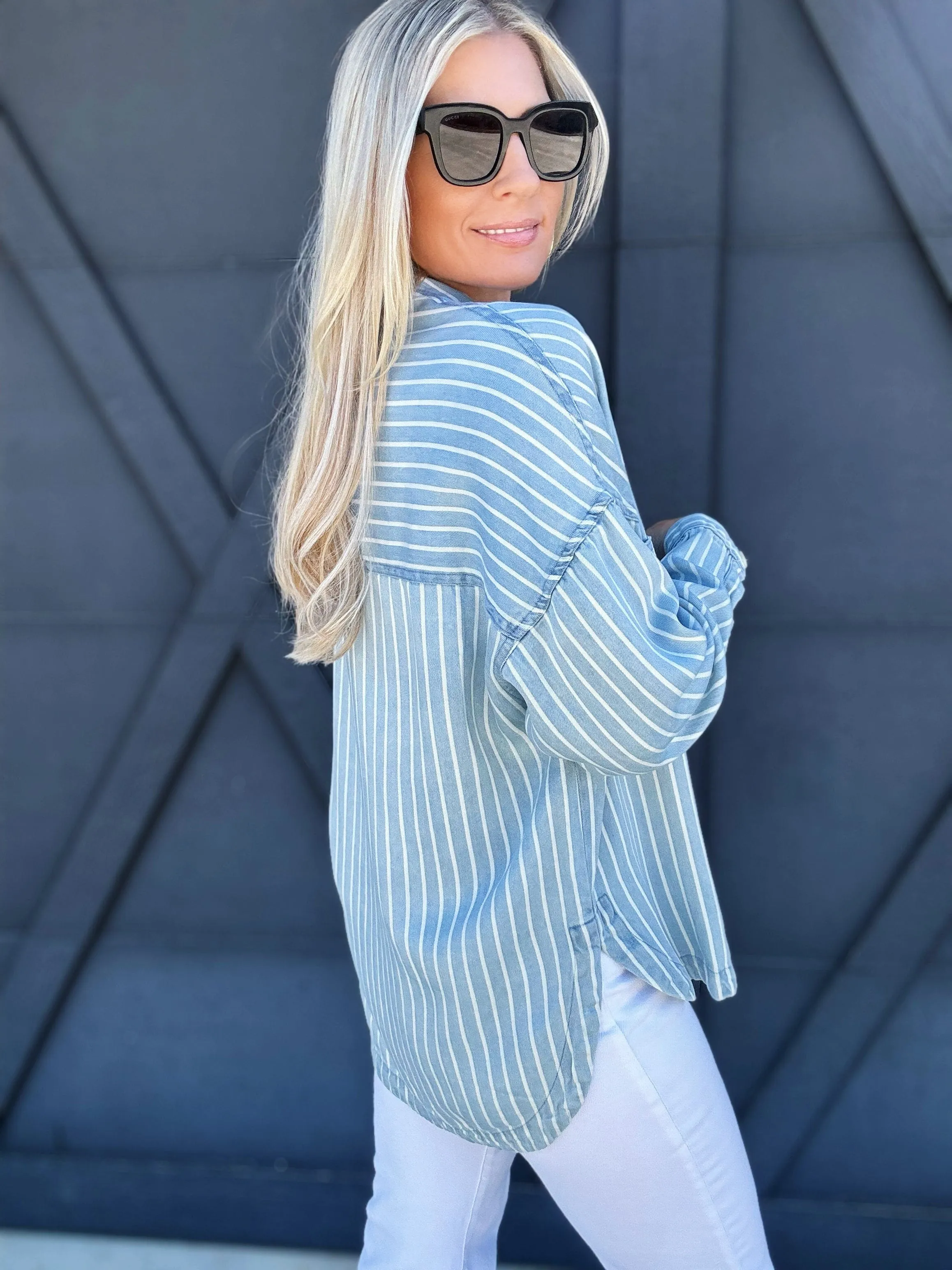 Striped Button Down Shacket In Chambray