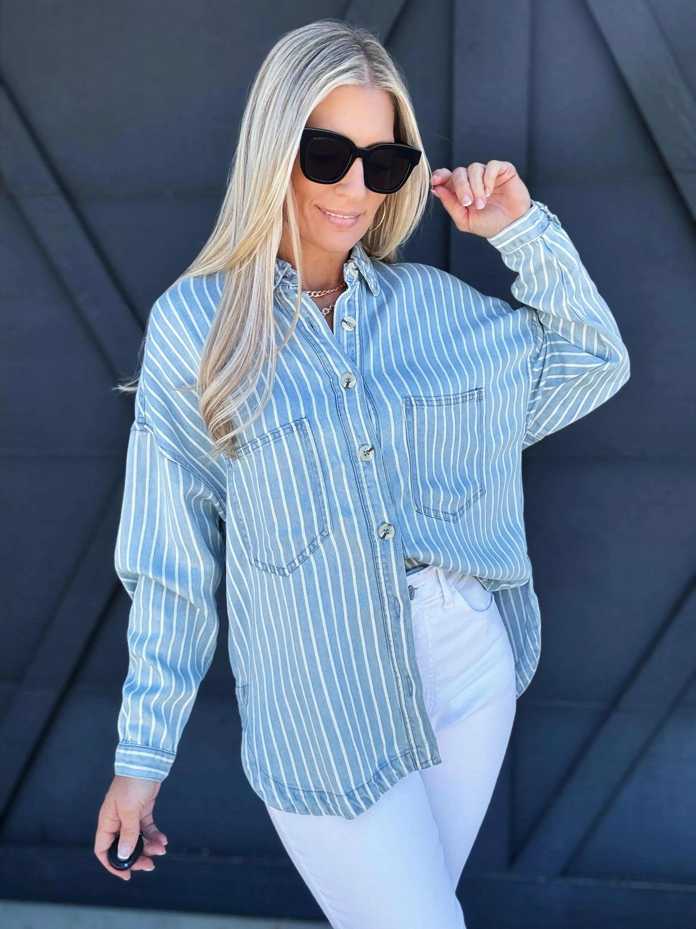 Striped Button Down Shacket In Chambray