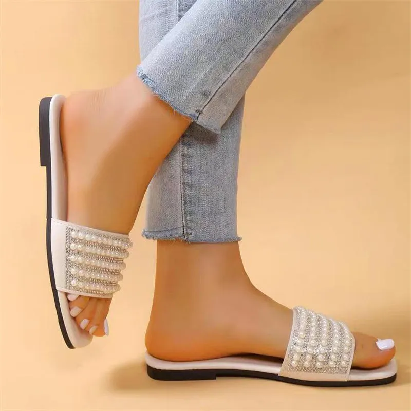 Summer Pearl Rhinestone Elegant Flat Slippers for Lady
