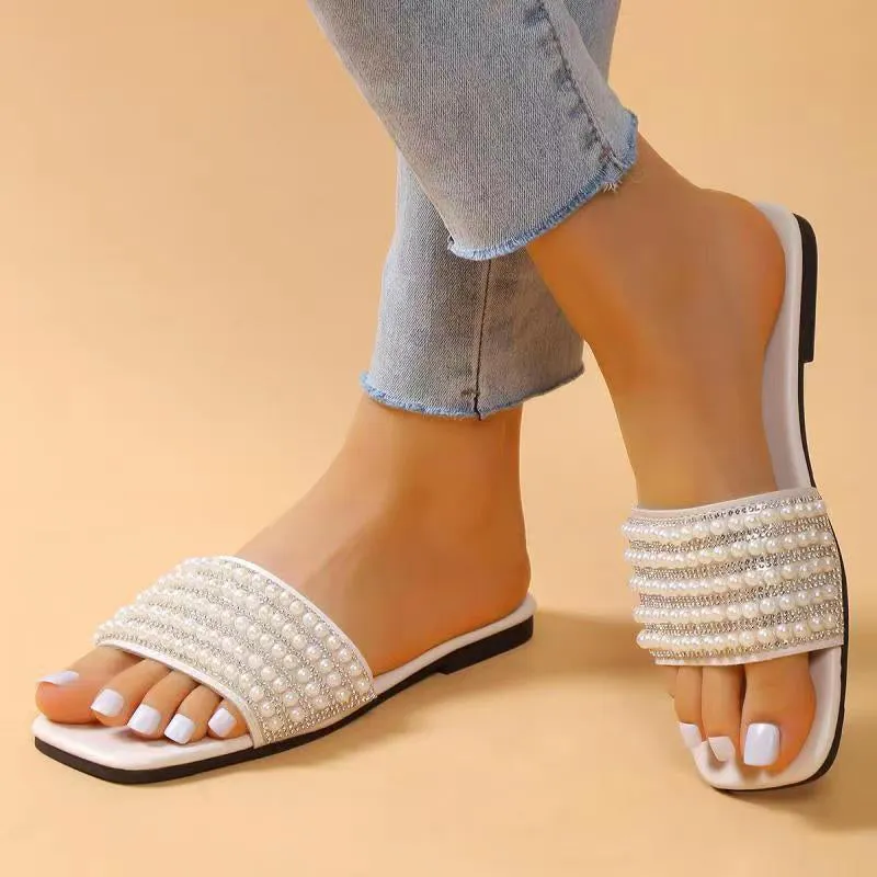 Summer Pearl Rhinestone Elegant Flat Slippers for Lady