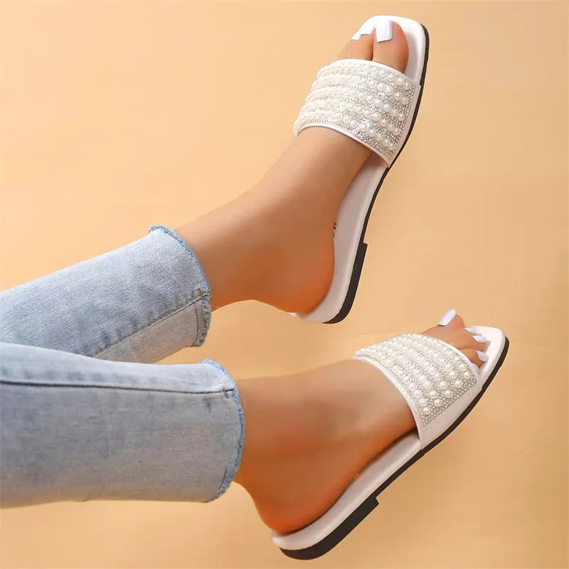 Summer Pearl Rhinestone Elegant Flat Slippers for Lady