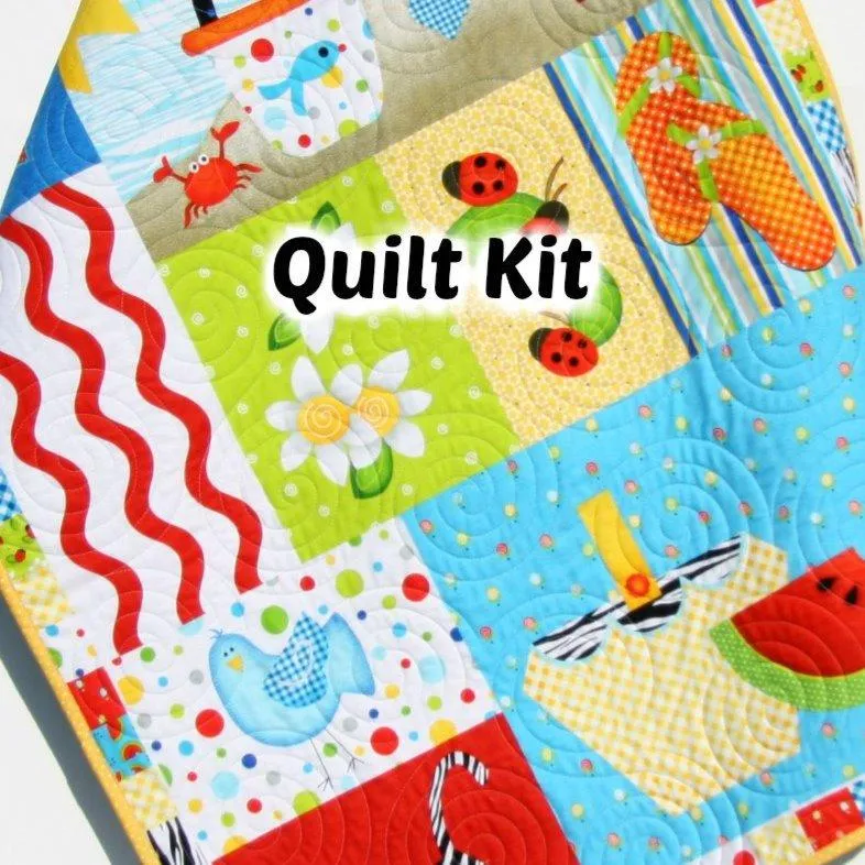 Summer Quilt Kit, Wall Hanging, Quilting Panel Fabrics, Faux Patchwork Sewing, Make Yourself DIY, Beginner Patterns, Ladybug Flip Flops Bird