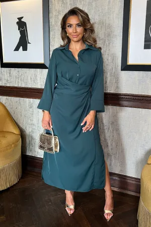 Teal 3/4 Sleeves Gathered Waist Shirt Midi Dress