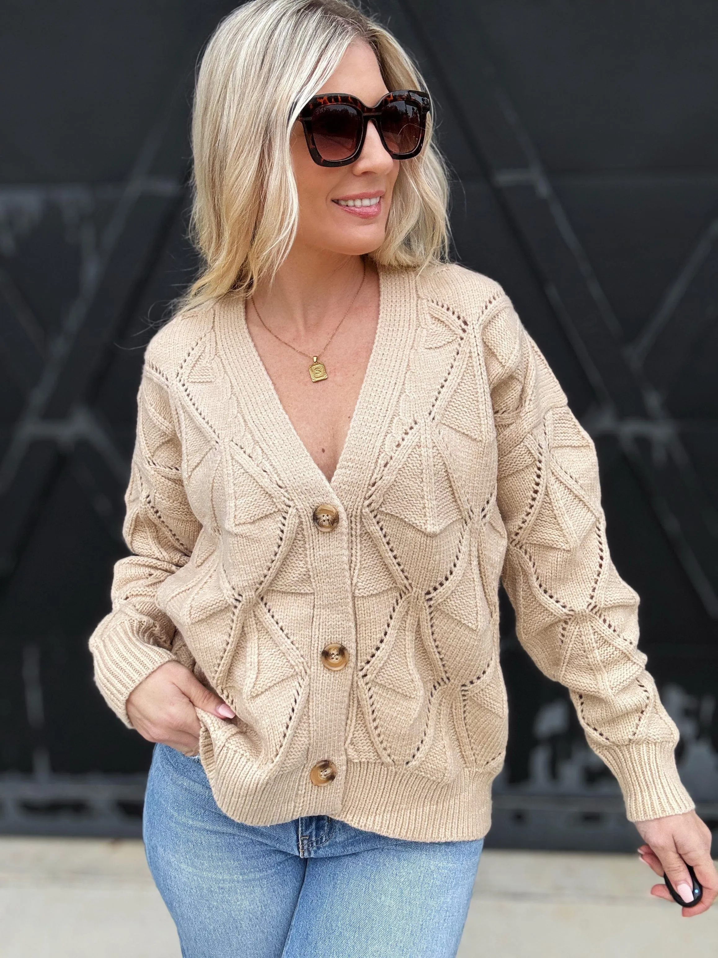 Textured Button Front Cardigan In Oatmeal