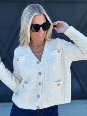 Textured Button-Up Knit Cardigan In Ecru