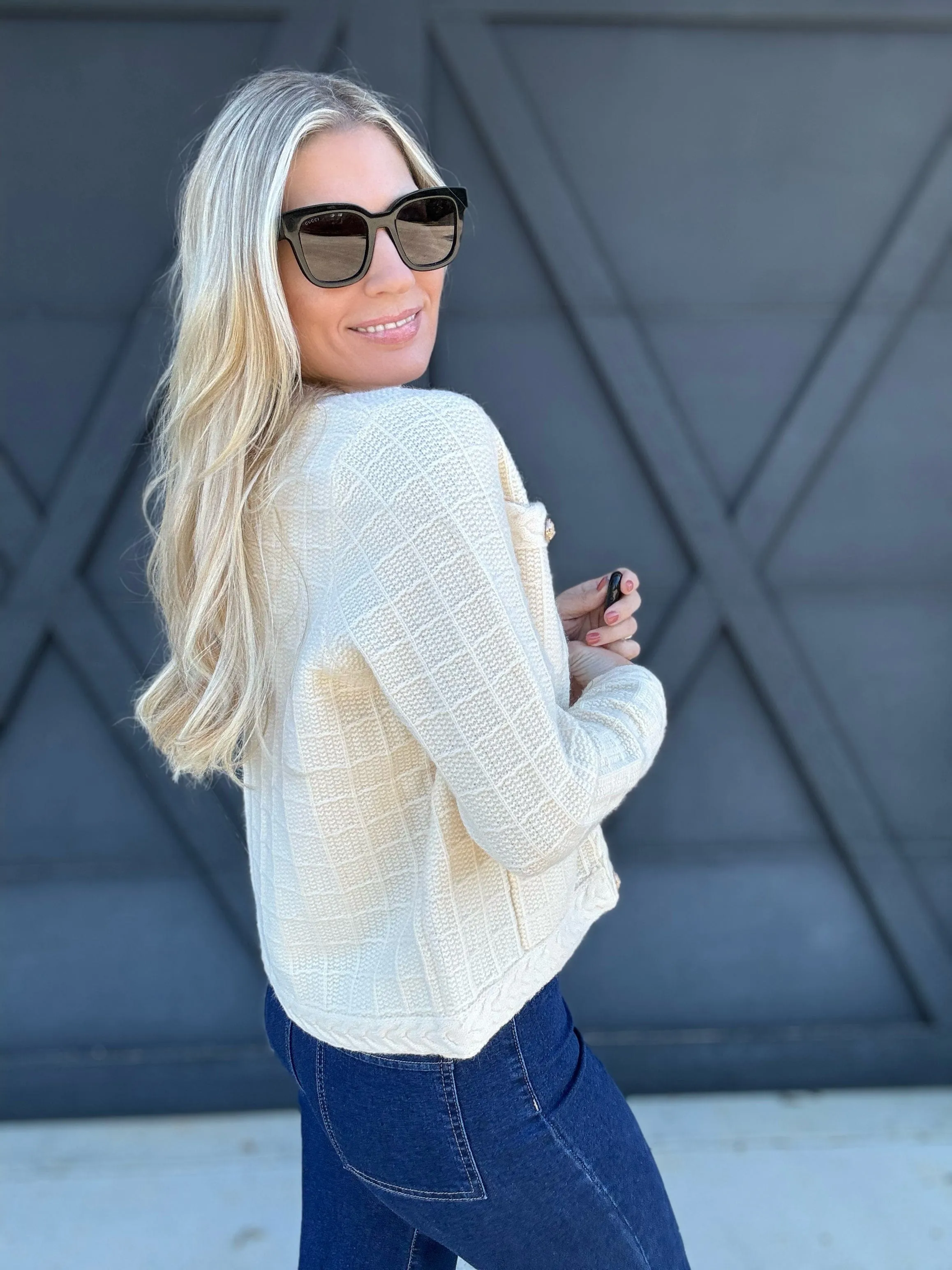 Textured Button-Up Knit Cardigan In Ecru