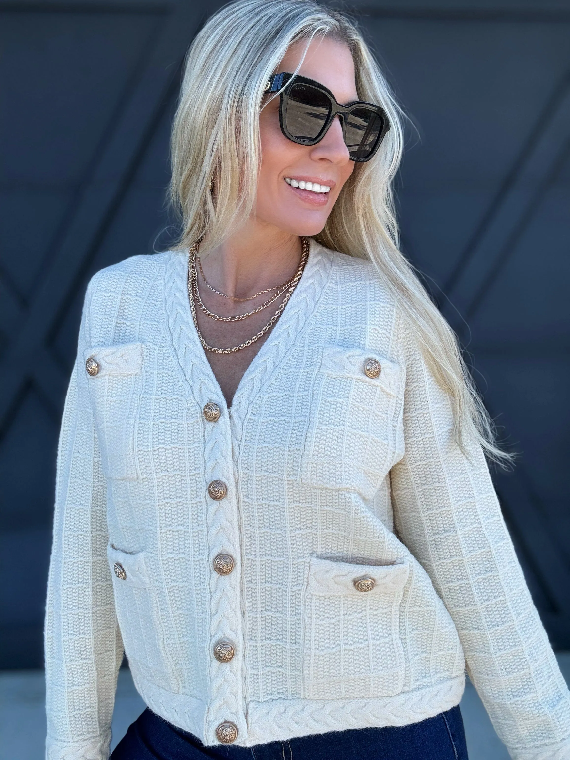 Textured Button-Up Knit Cardigan In Ecru