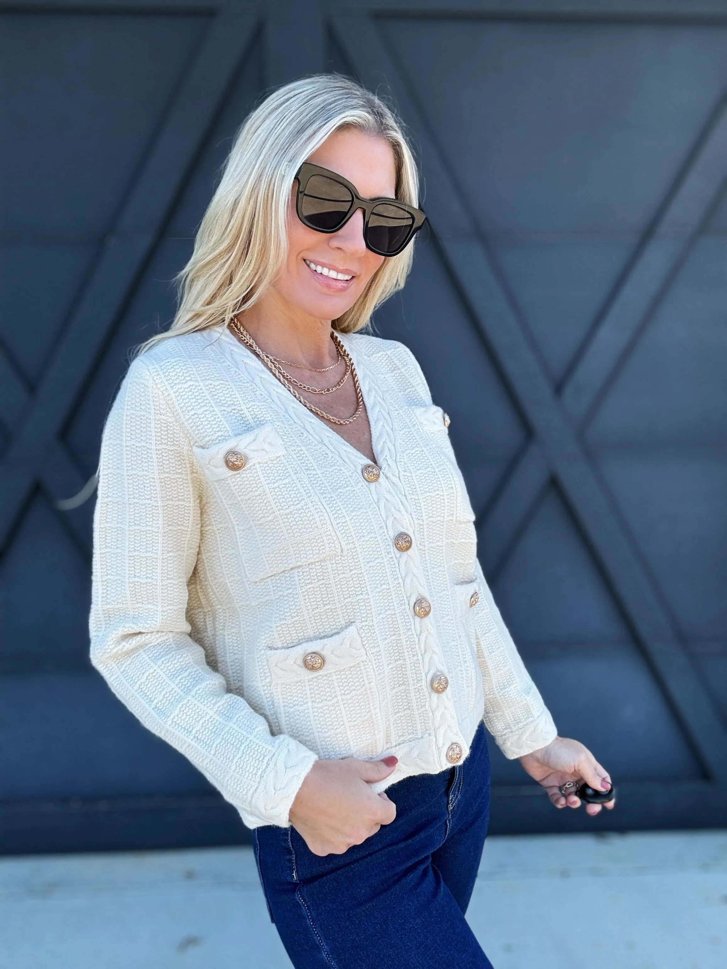 Textured Button-Up Knit Cardigan In Ecru