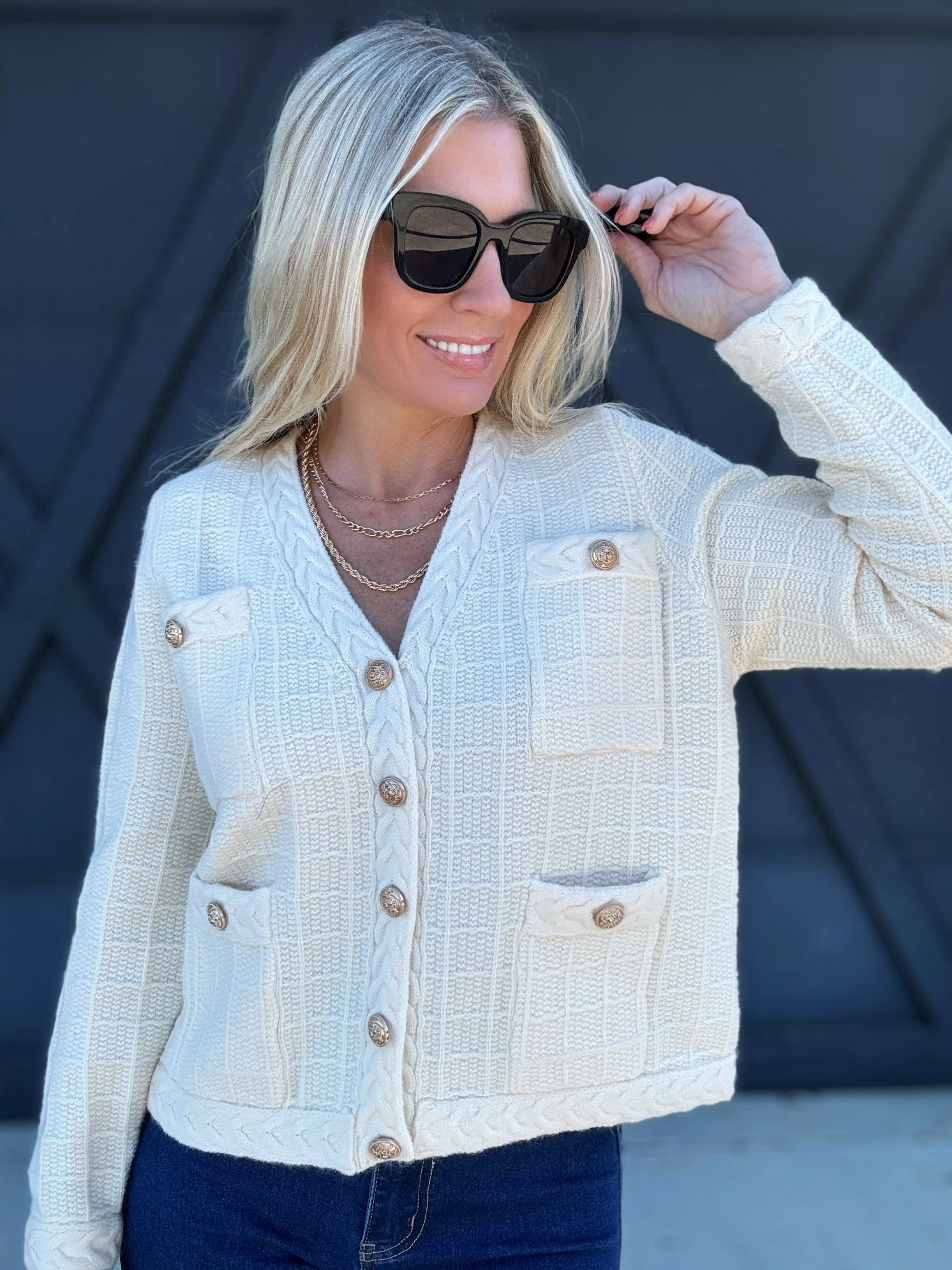 Textured Button-Up Knit Cardigan In Ecru