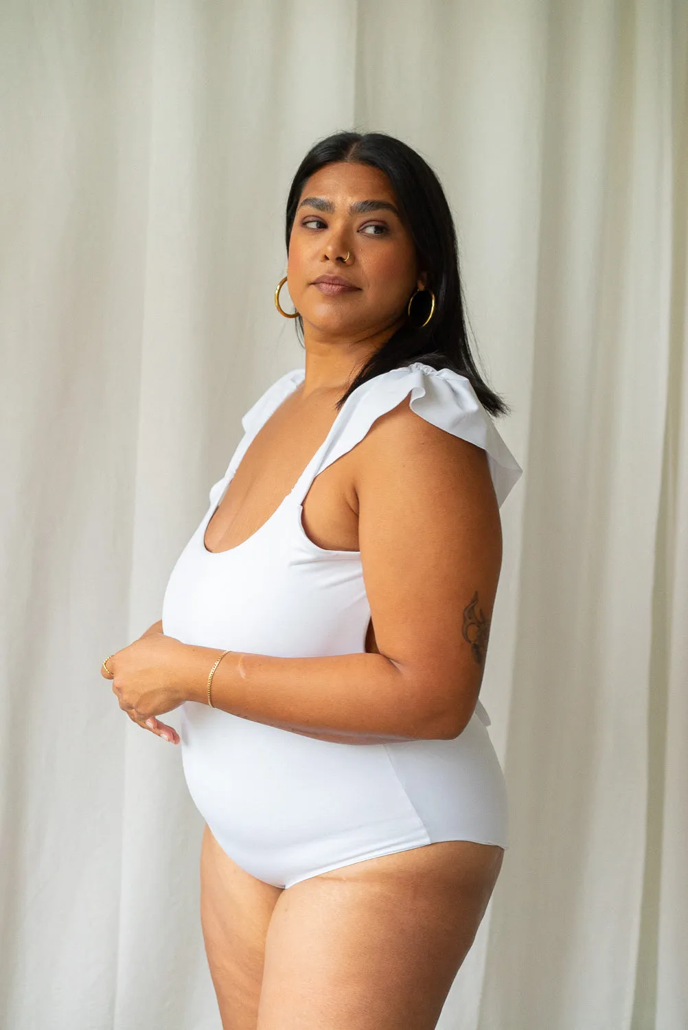The Ruffle Shoulder One Piece - Flat White