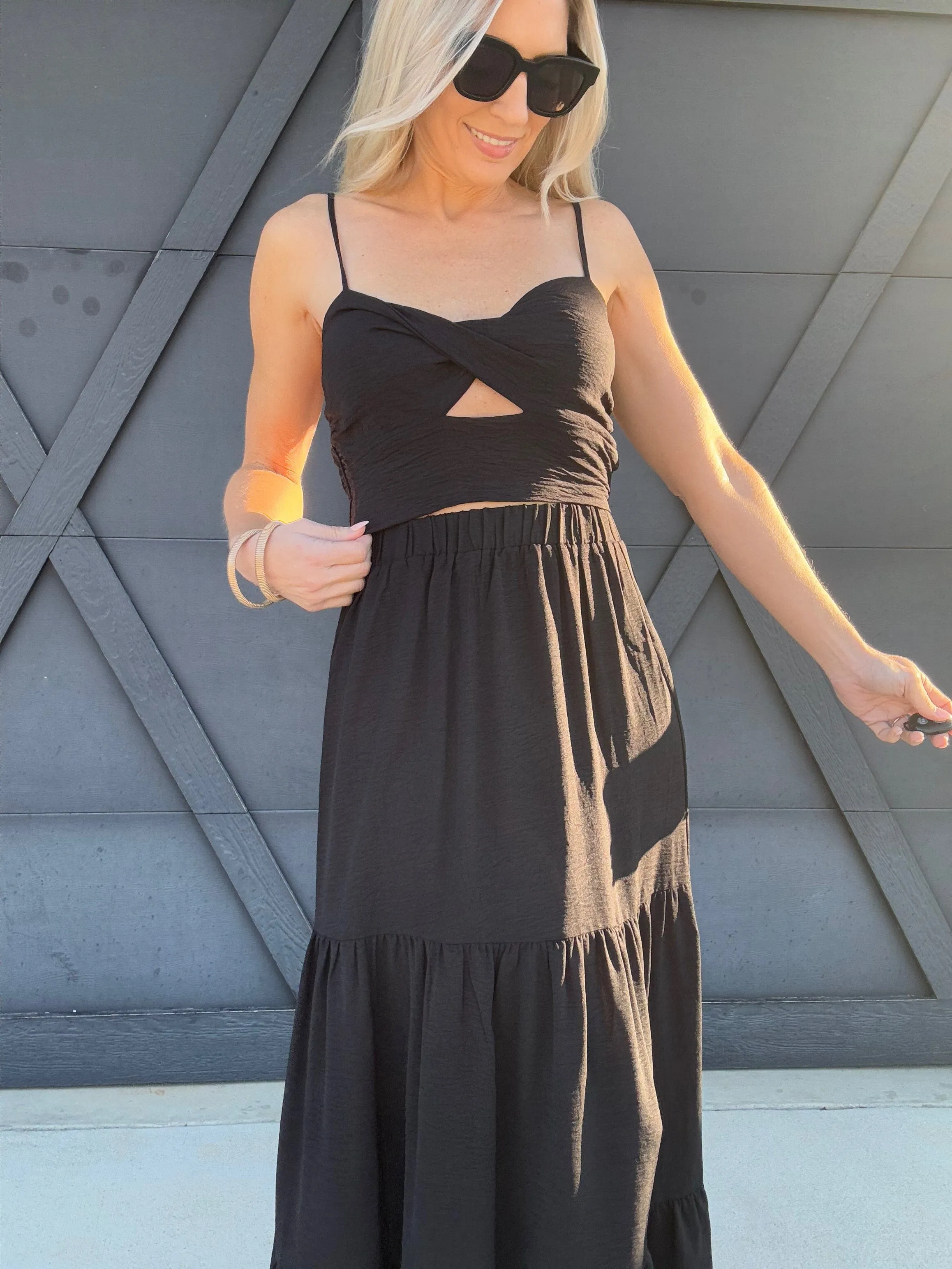 Twist Top and Skirt Set  In Black