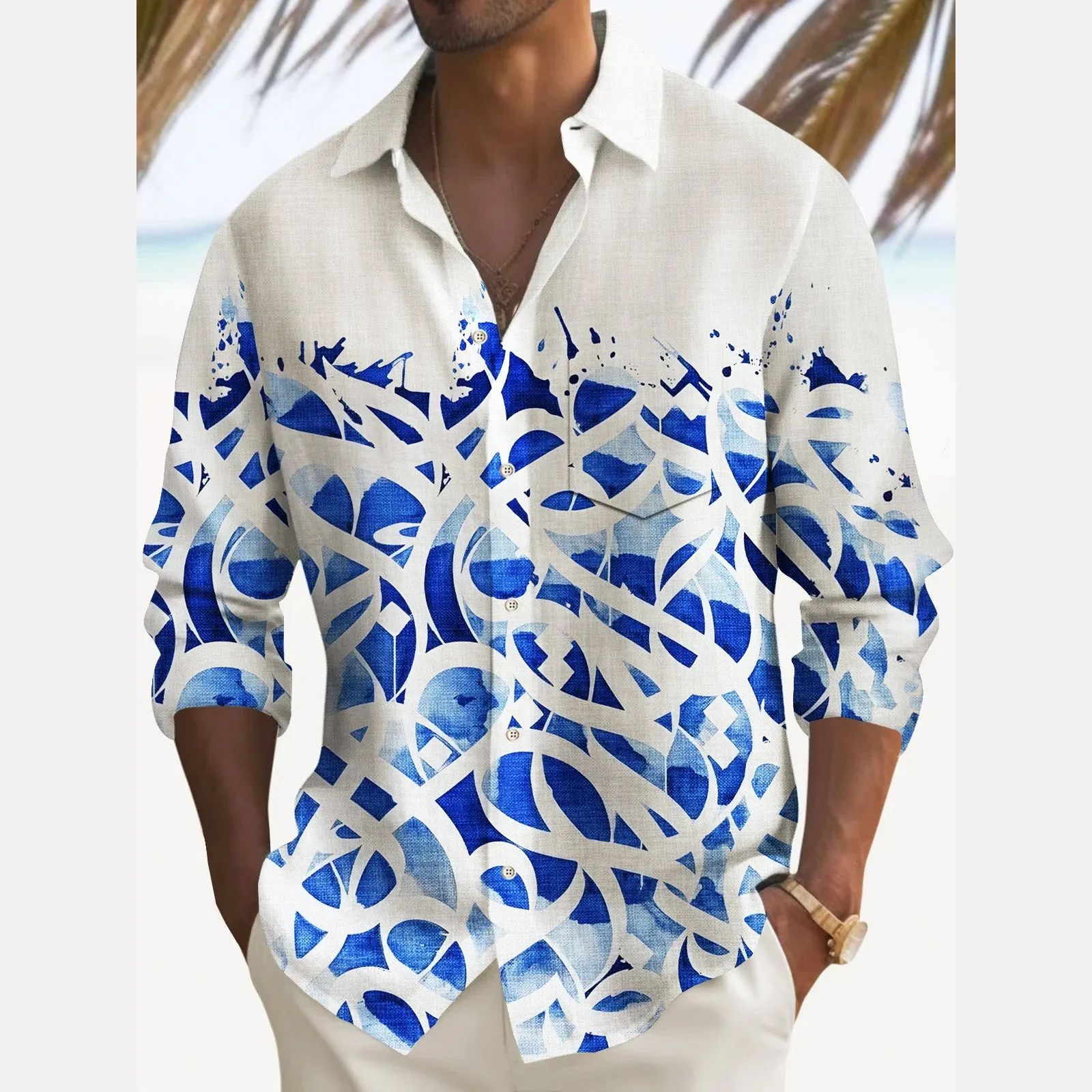 Vintage Men's Geometric Print Chest Pocket Stretch Long Sleeve Shirt