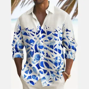 Vintage Men's Geometric Print Chest Pocket Stretch Long Sleeve Shirt
