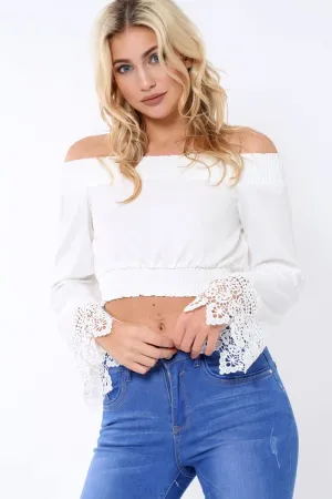 White Bardot Top with Crochet Sleeve Trim - Evannah