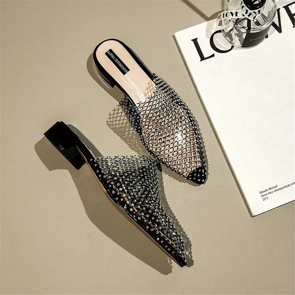 Women Pointed Toe Mules Thick Heels Slip