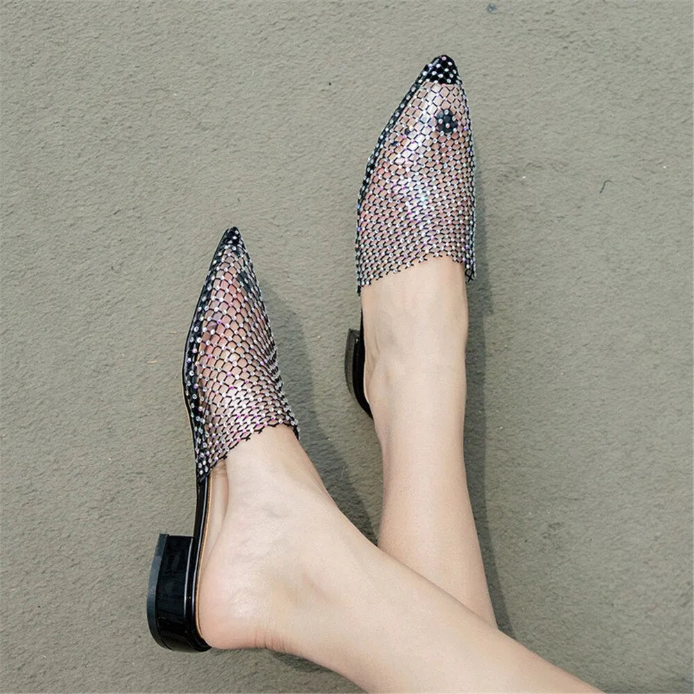 Women Pointed Toe Mules Thick Heels Slip