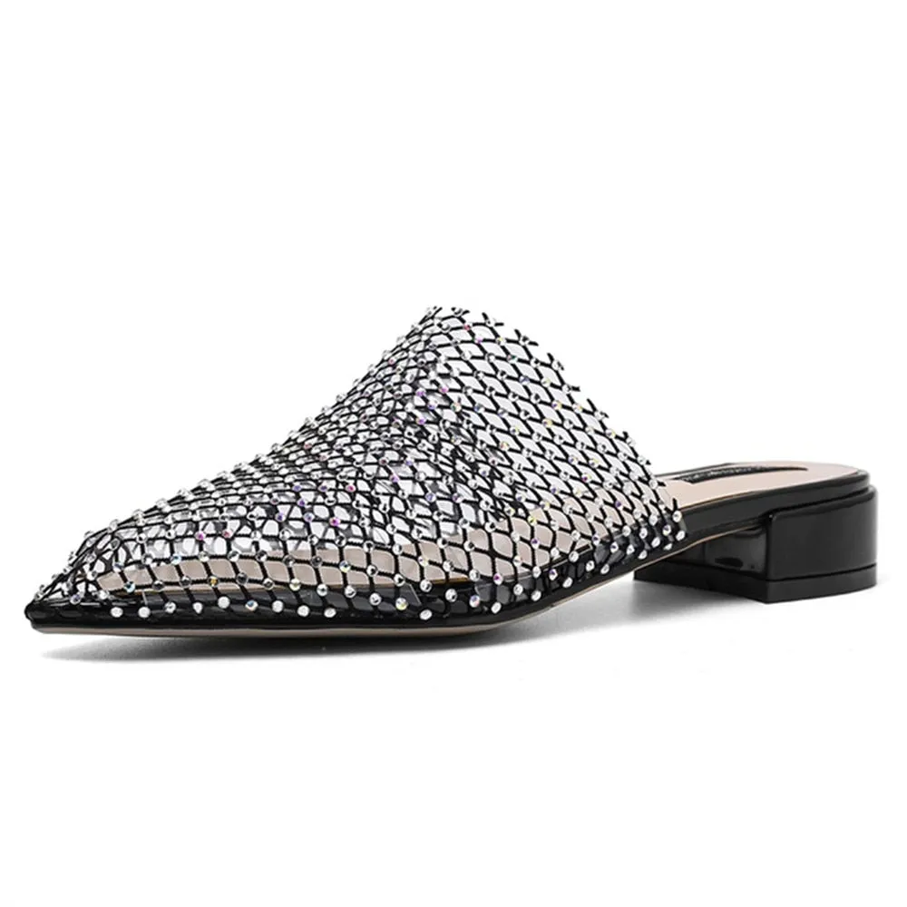 Women Pointed Toe Mules Thick Heels Slip