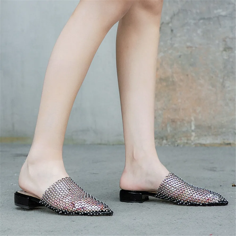 Women Pointed Toe Mules Thick Heels Slip