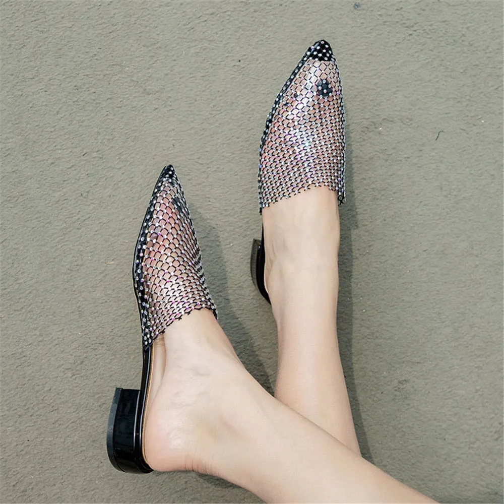 Women Pointed Toe Mules Thick Heels Slip